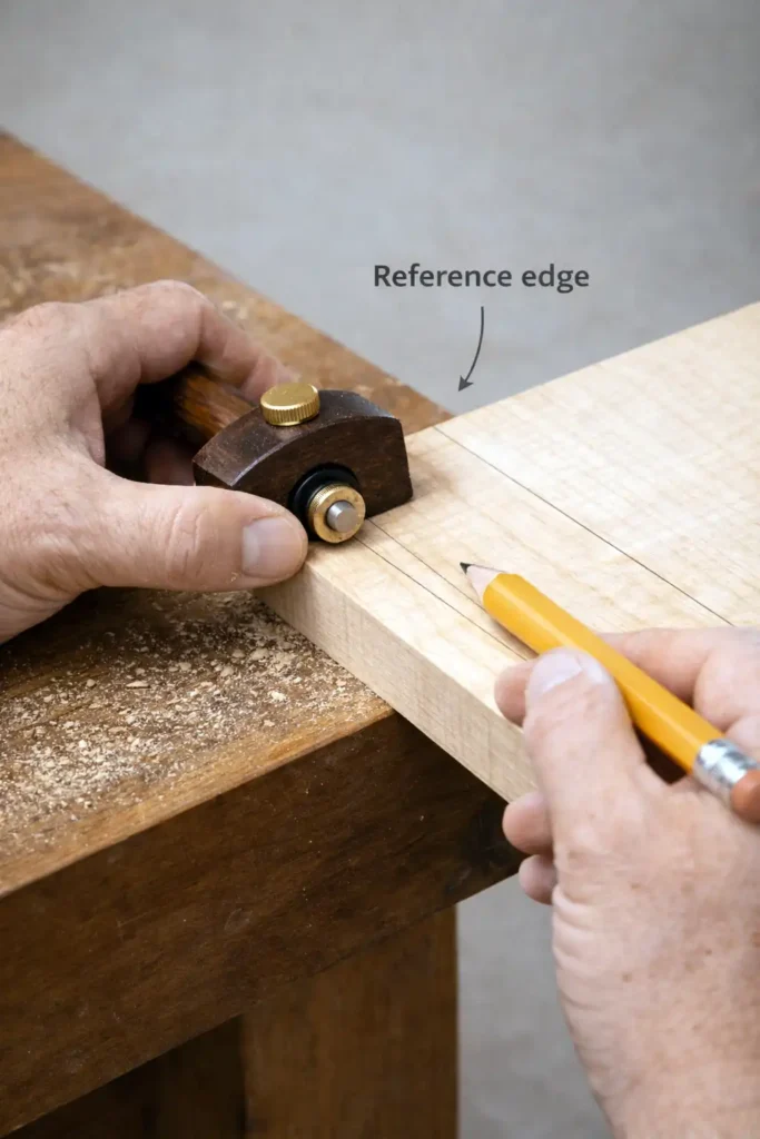 hands showing marking gauge fence on reference edge