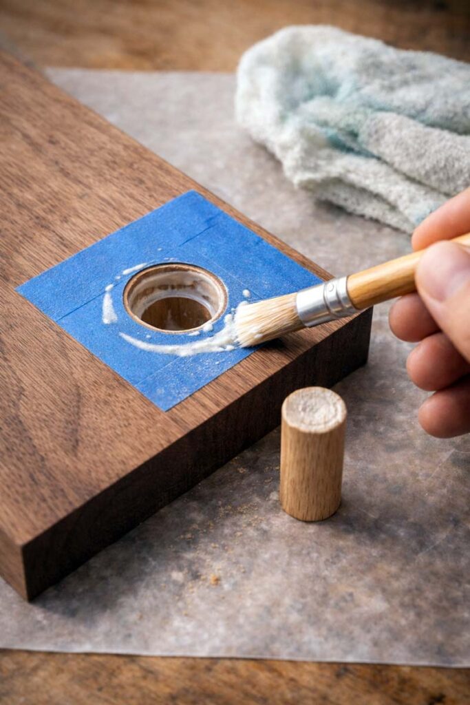 tape masked hole with glue brushed on dowel