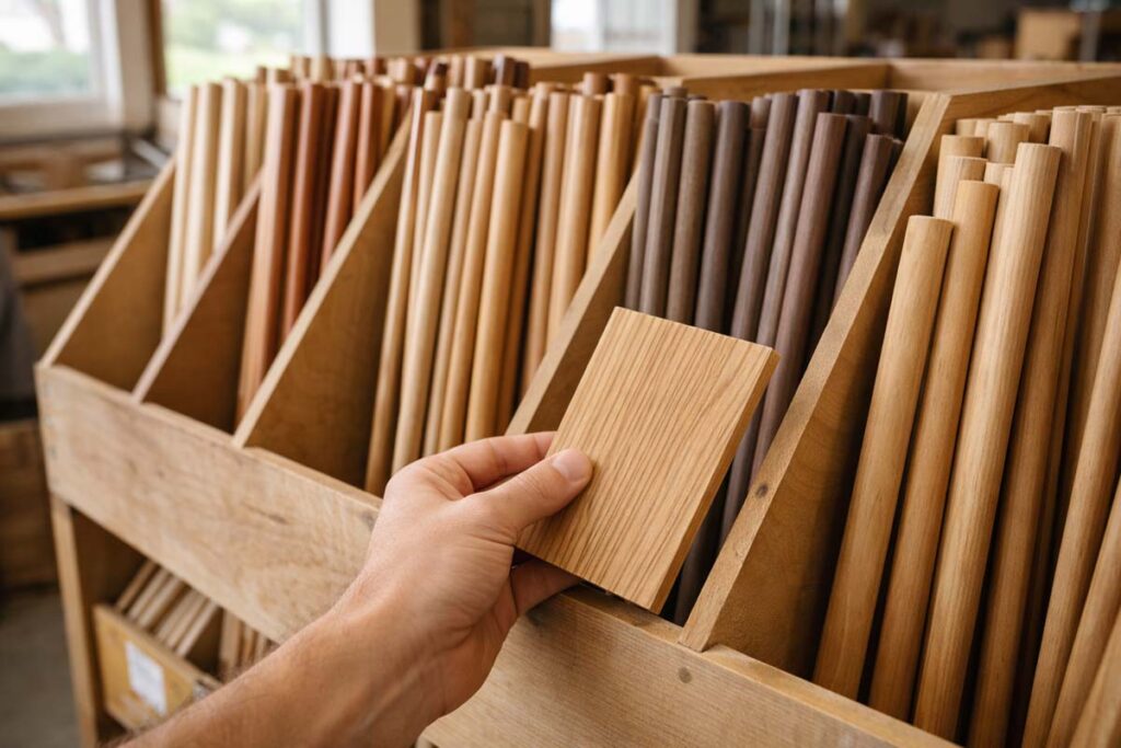 comparing an oak sample board to hardwood dowel rods at a lumber dealer