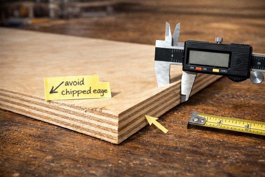 calipers measuring away from damaged plywood corner