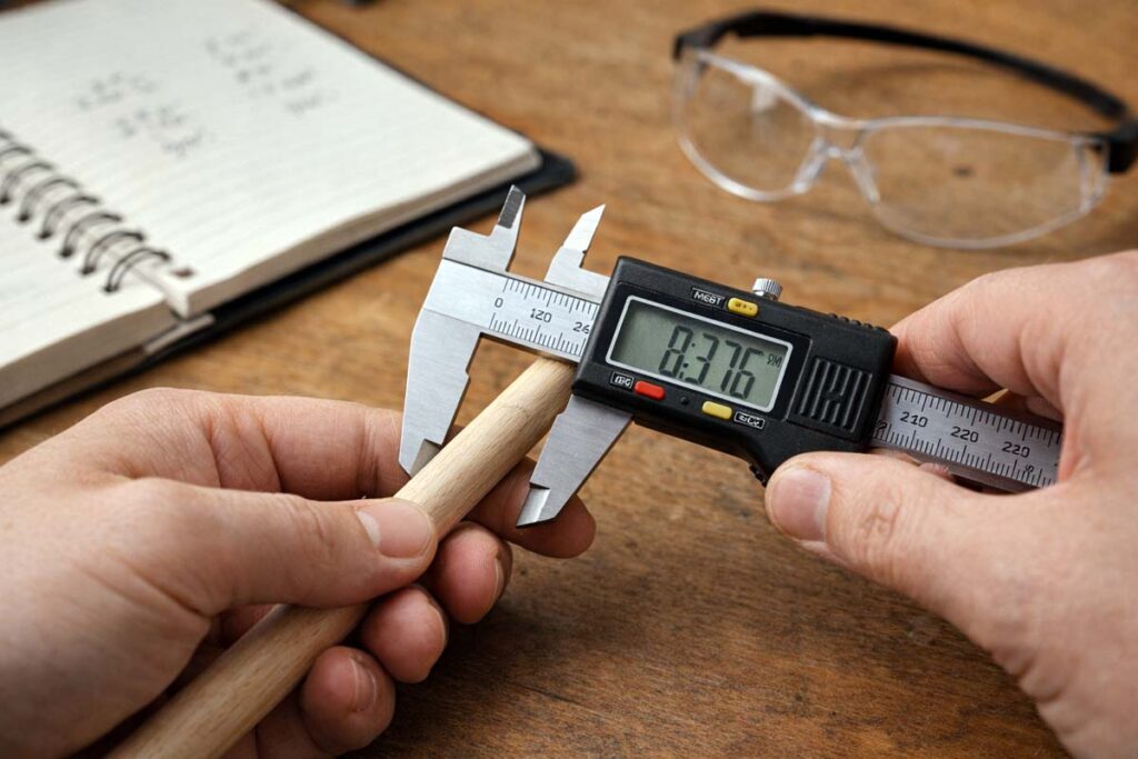 hands measuring a dowel with digital calipers