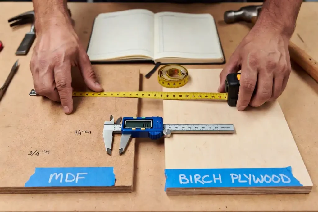 checking panel thickness with calipers and tape measure