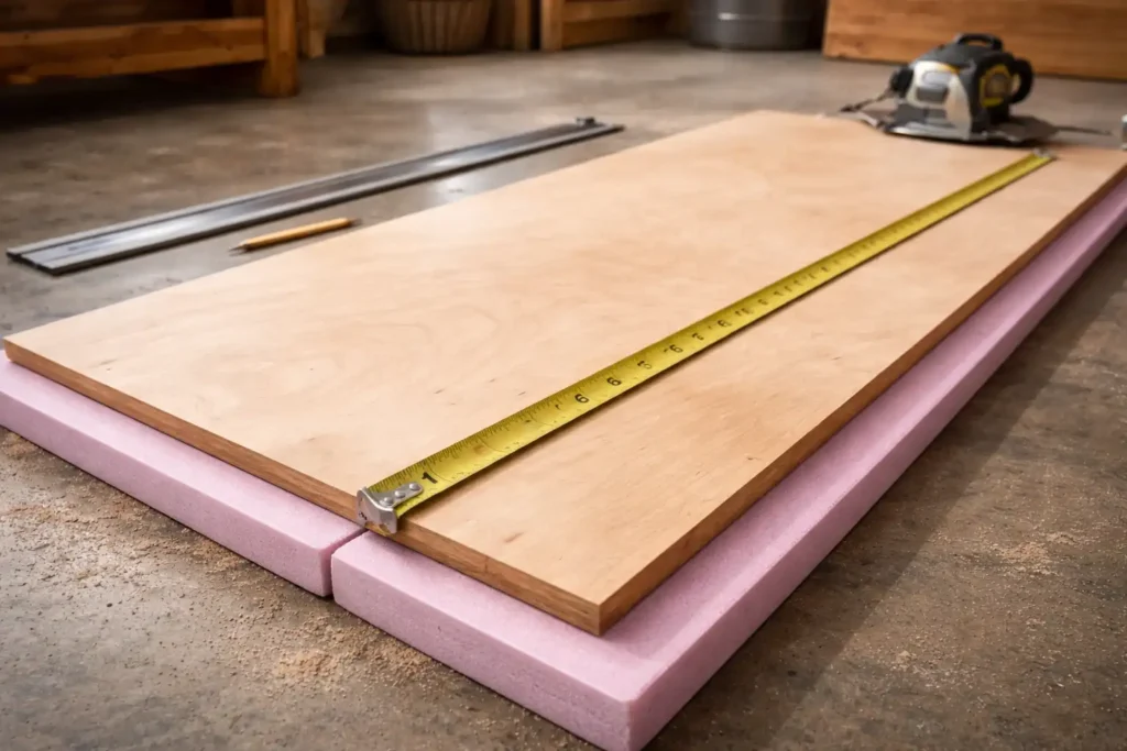 tape measure stretched across plywood supported on foam insulation