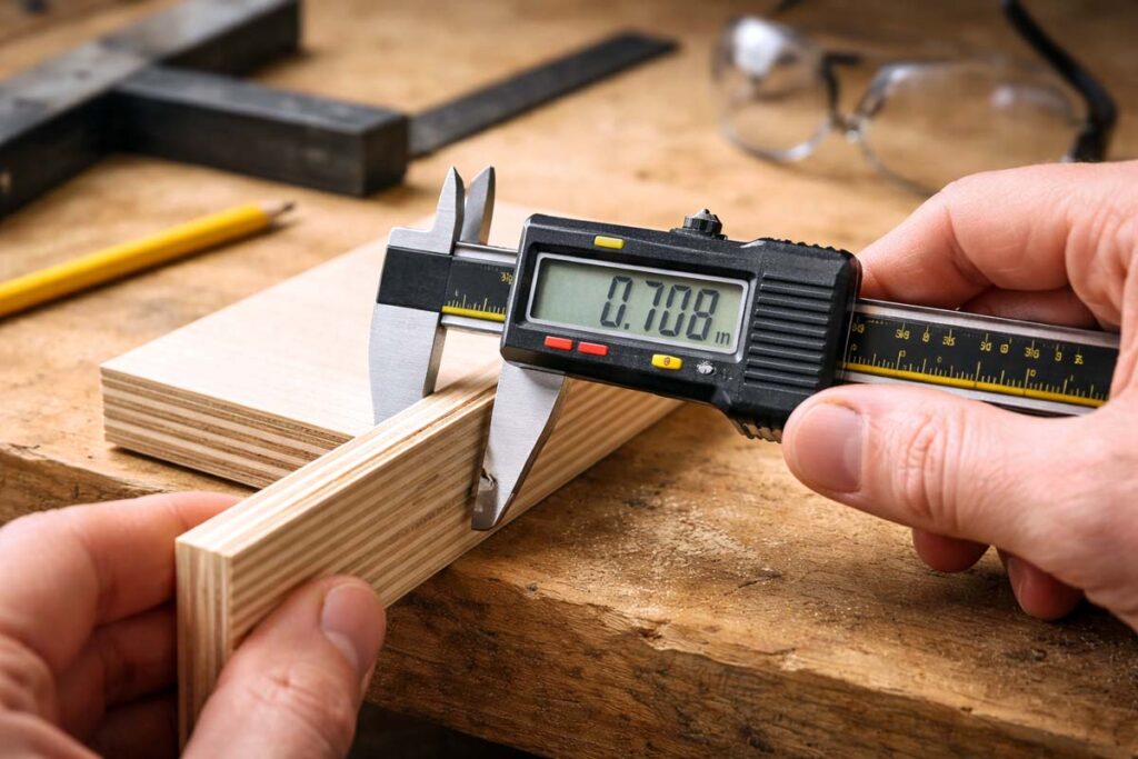 hands measuring plywood thickness with digital calipers