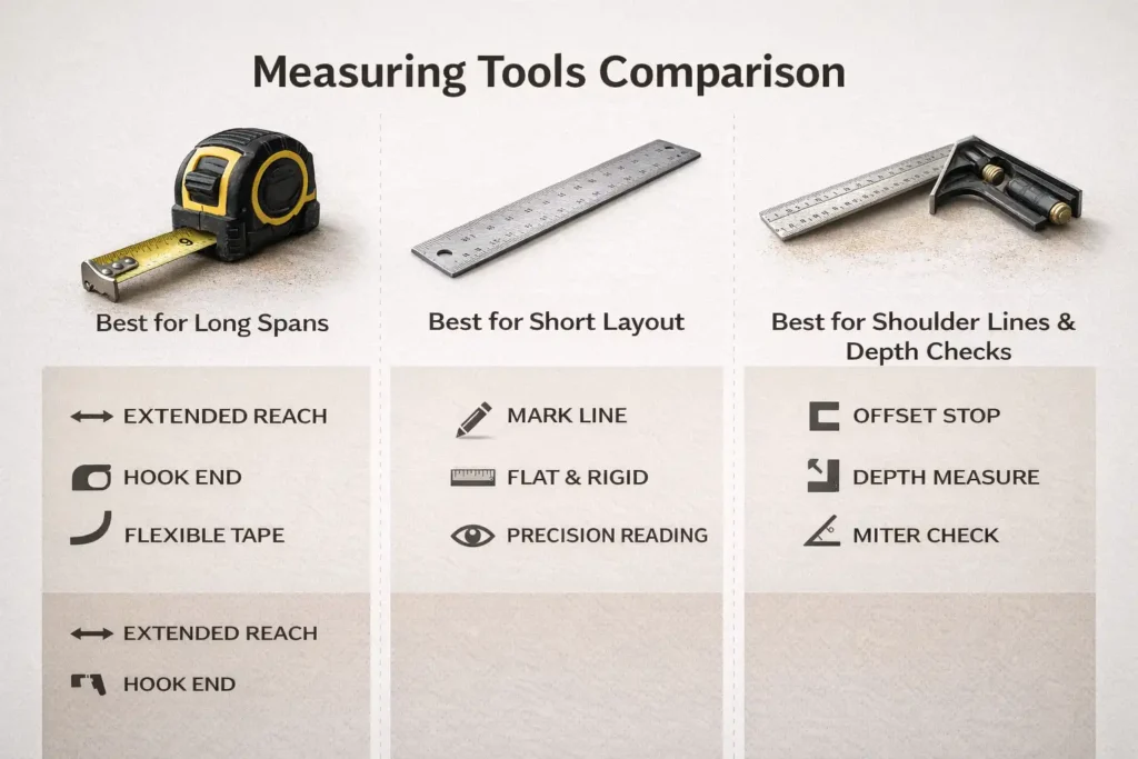 comparison chart of tape measure ruler and combination square uses