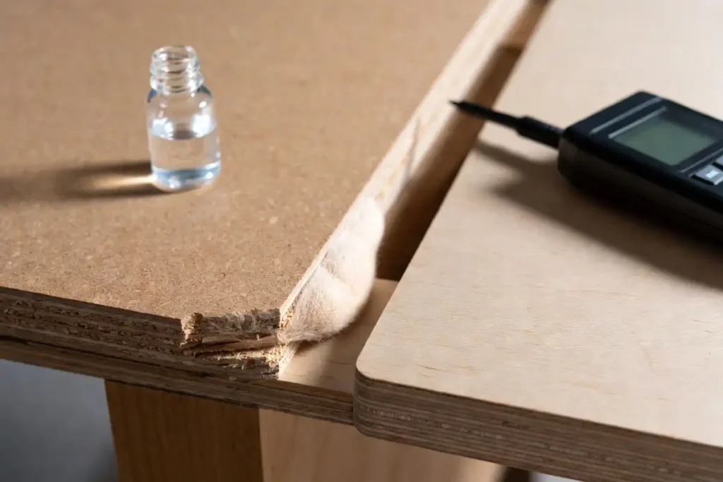 swollen mdf scrap next to birch plywood after water test