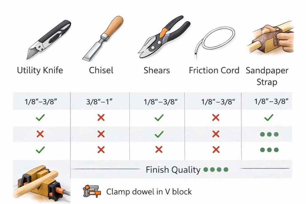 comparison chart of dowel cutting methods without a saw