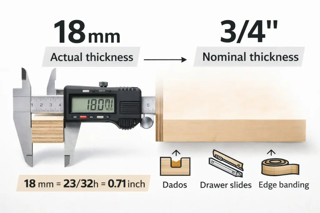 infographic showing 18 mm thickness compared to three quarter label