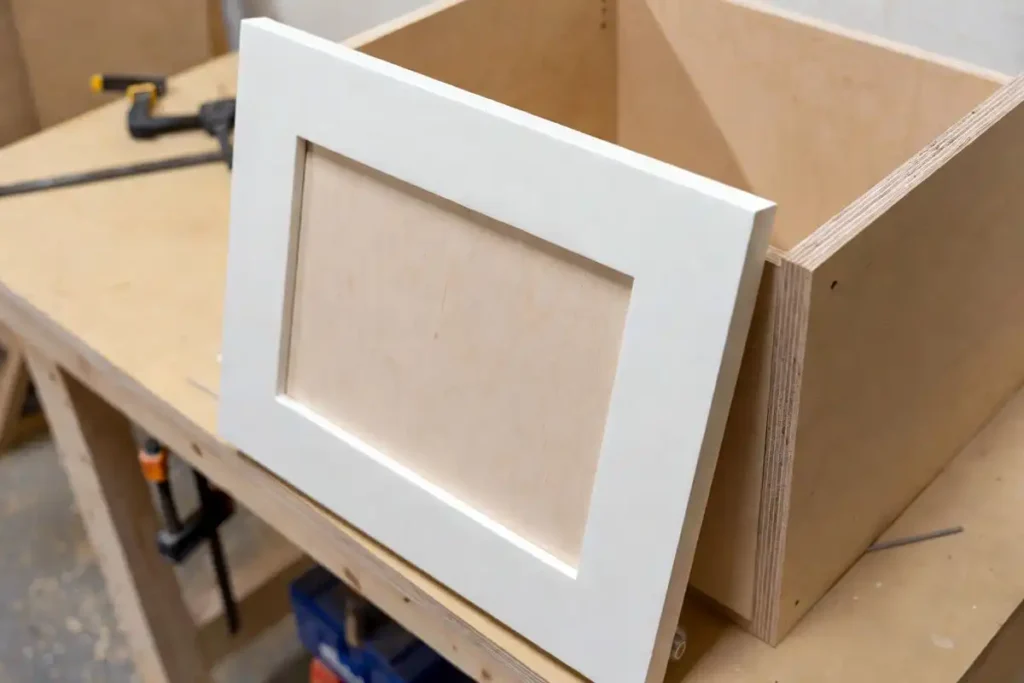 painted mdf door beside birch plywood cabinet box