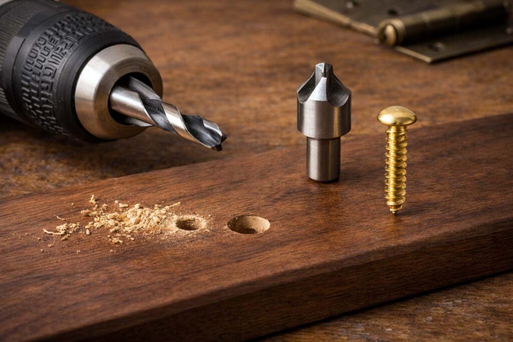 drill bit and countersink positioned for decorative screw install