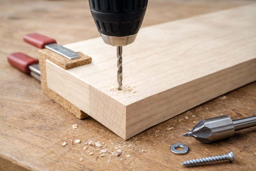 drill bit making pilot hole in basswood board