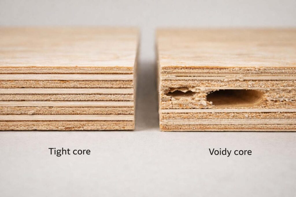 plywood cross section showing tight core versus large voids