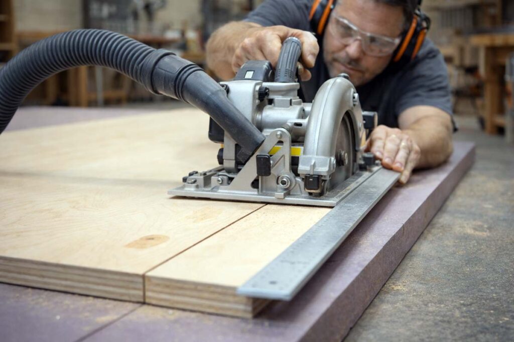 circular saw cutting plywood on foam support