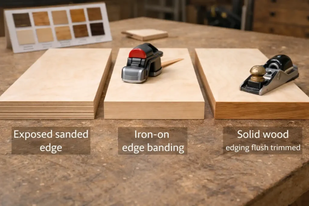 three plywood edge options on a workbench