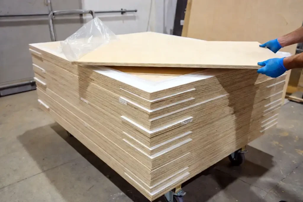 gloved hands lifting finished plywood from a clean stacked cart