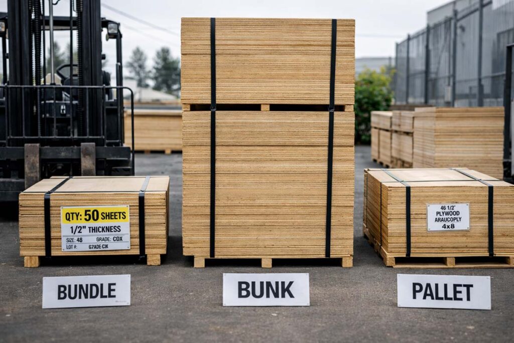 labeled plywood stack showing bundle bunk and pallet terms