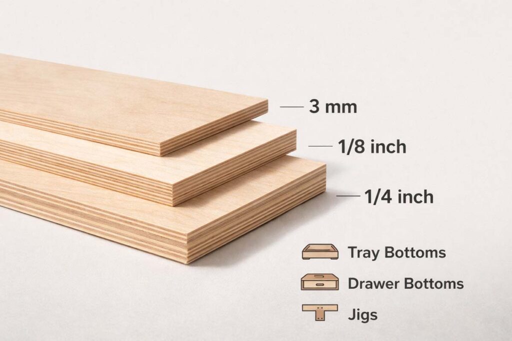 visual guide comparing thin plywood thicknesses and common uses