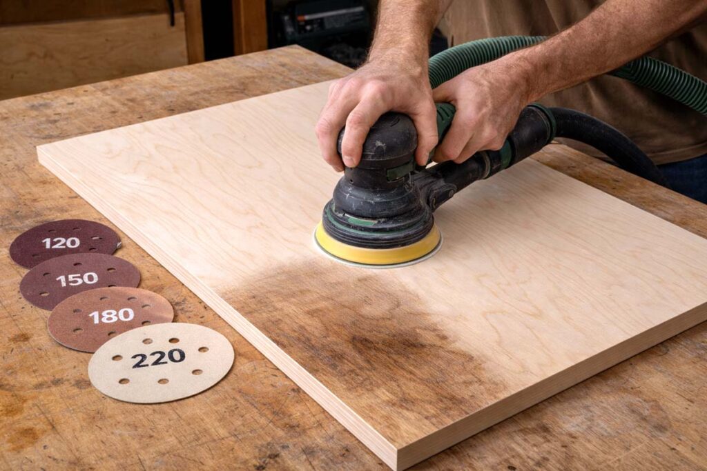 sanding birch plywood surface with random orbit sander