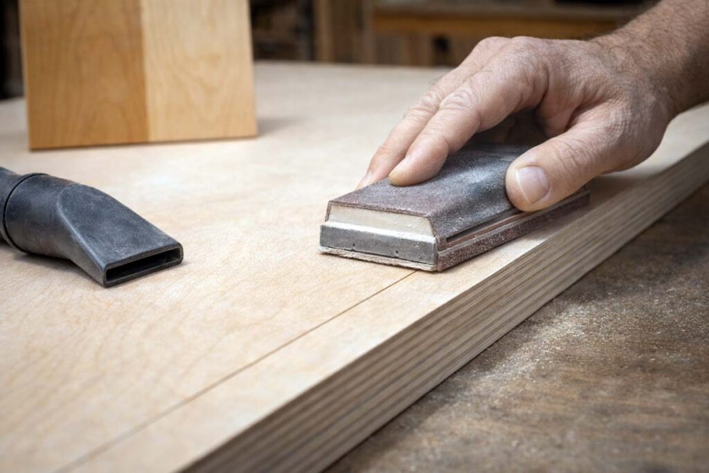 sanding block smoothing plywood surface near edge