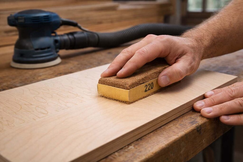 hand sanding birch veneer with sanding block