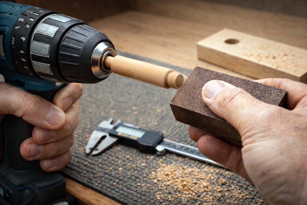 sanding block shaping a spinning blank into a dowel in a drill