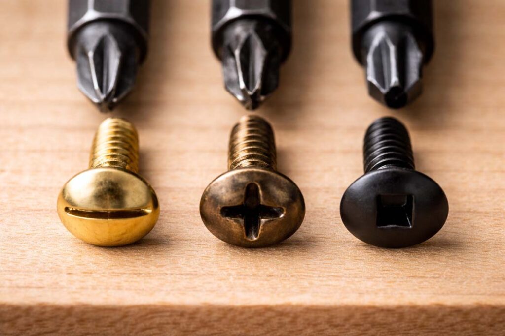 slotted Phillips and square drive screw heads in macro view