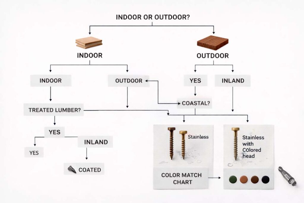 simple flowchart for choosing outdoor or indoor screws