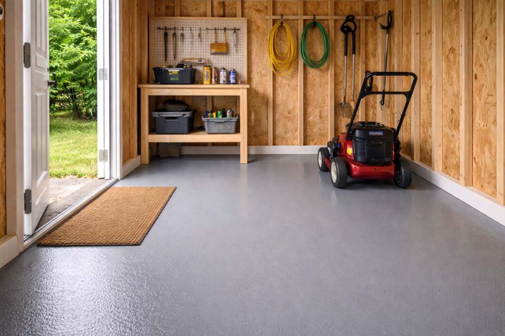 painted plywood shed floor with tools stored