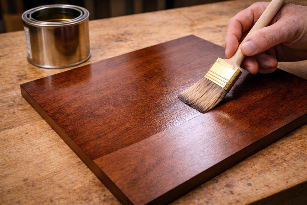 thin seal coat applied over dyed birch plywood surface