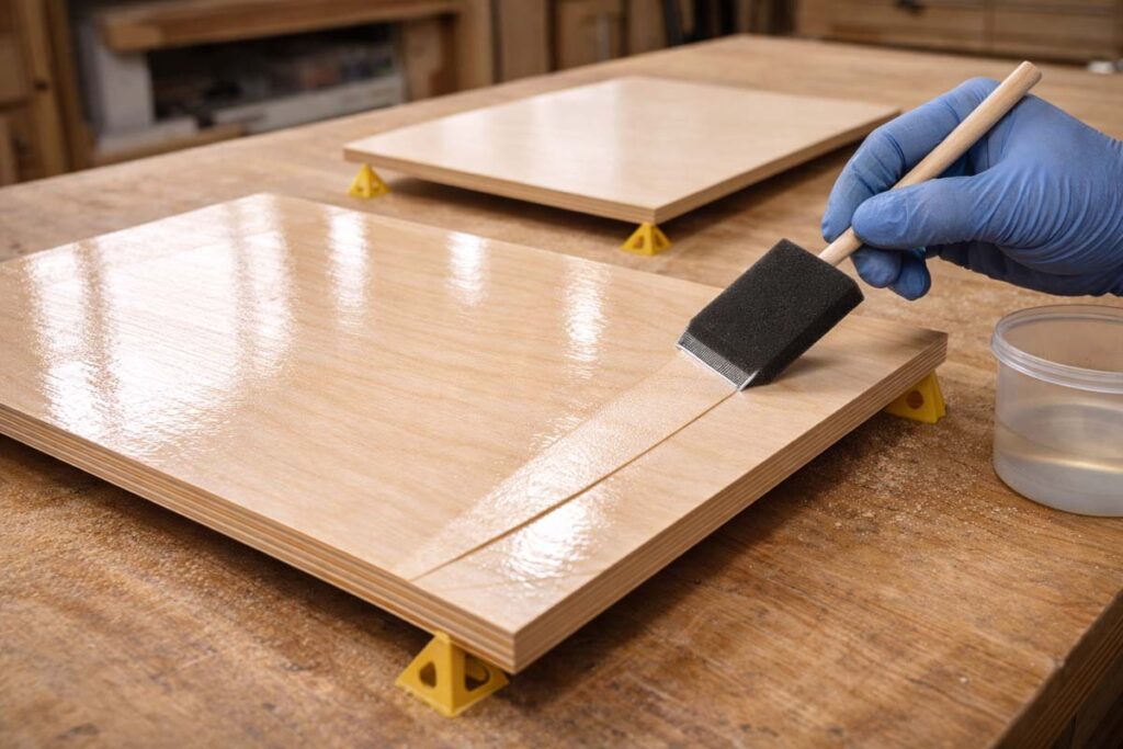 applying a clear finish evenly on a plywood tray bottom