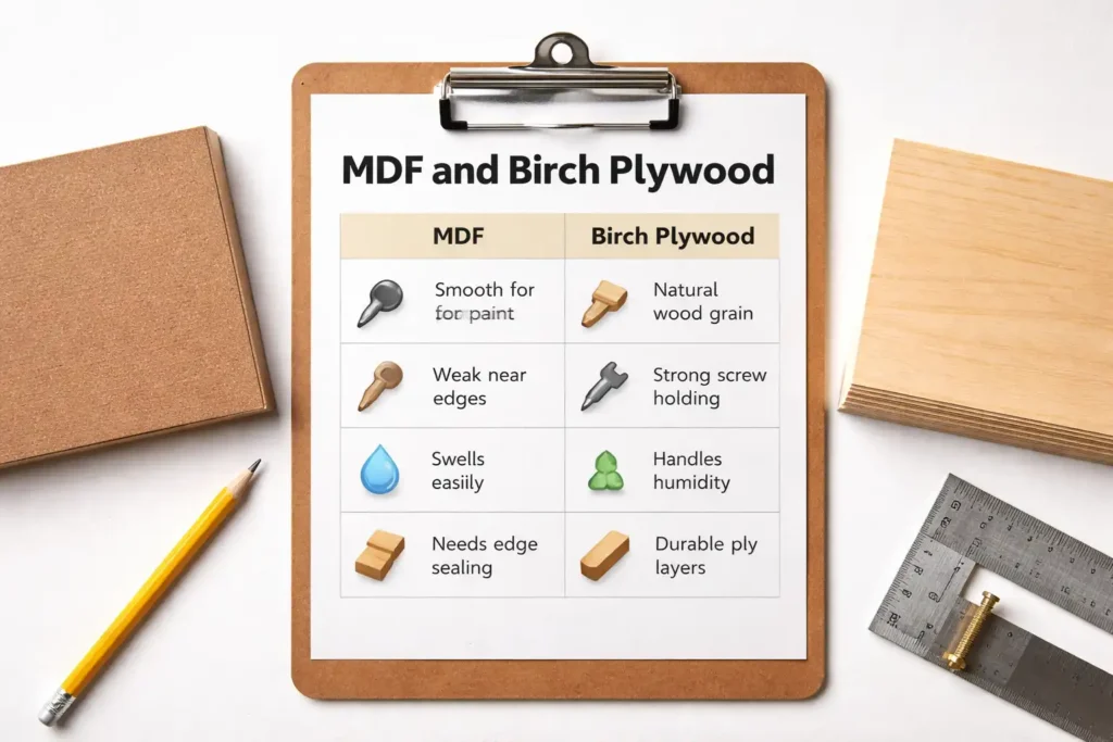 clipboard comparison chart with mdf and birch plywood samples