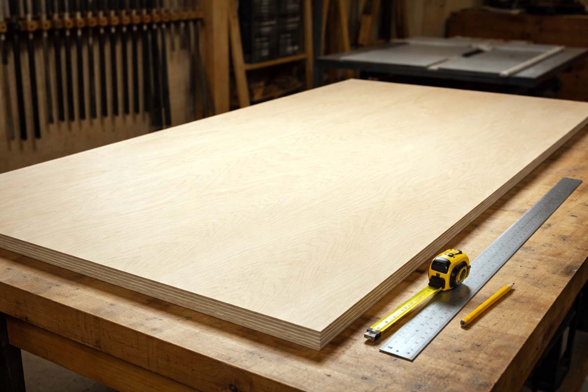 clean sheet of birch plywood on workshop bench
