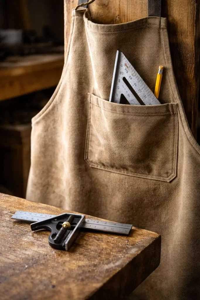 speed square tucked in apron pocket with pencil