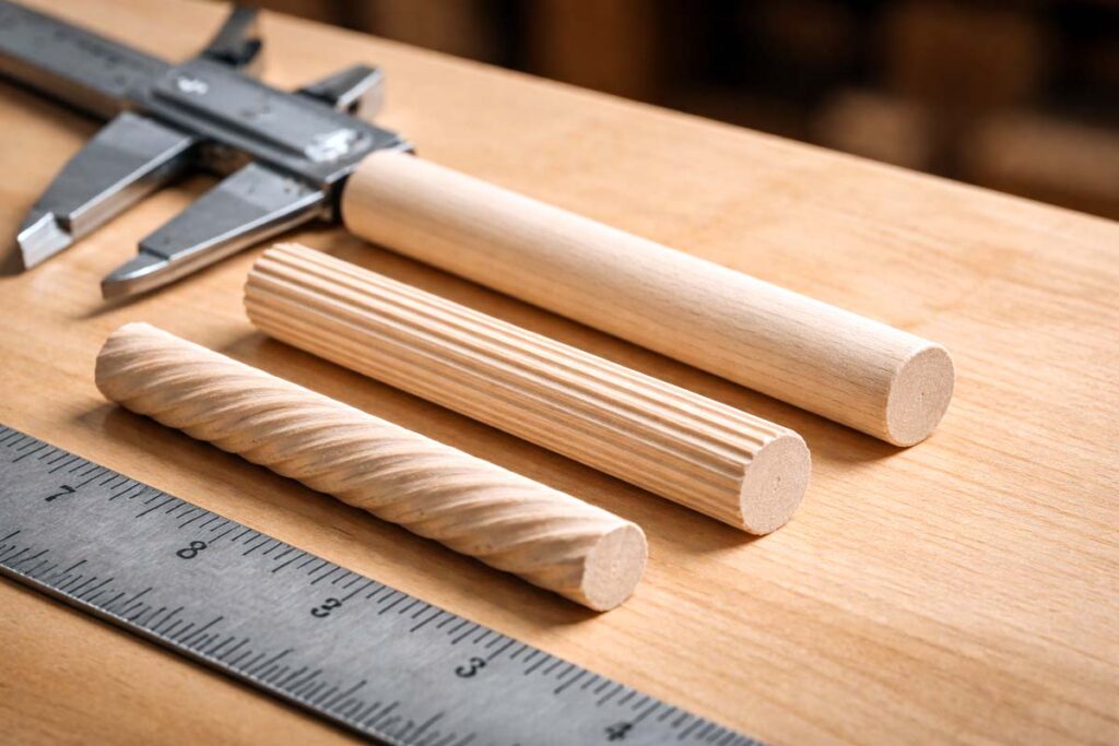 smooth fluted and spiral grooved dowels on maple board