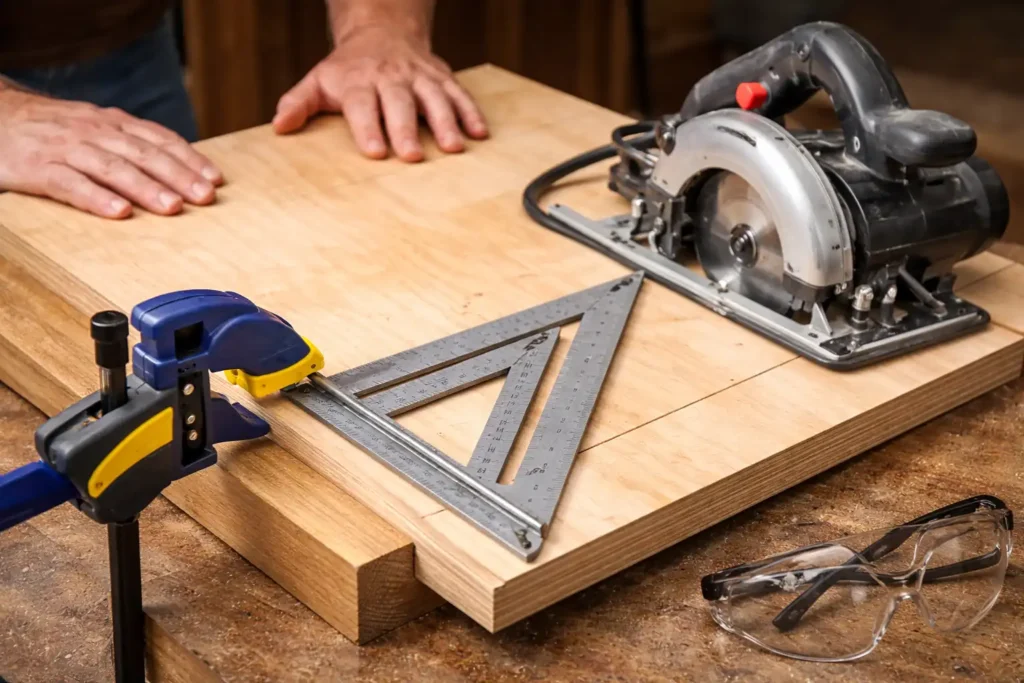 speed square clamped as circular saw guide for short cut