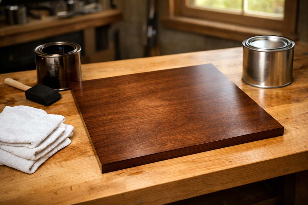 stained birch plywood with even color on workbench