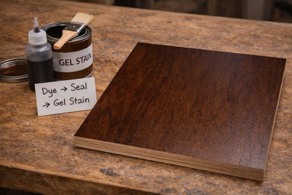 darker stained birch panel after dye and gel stain layering