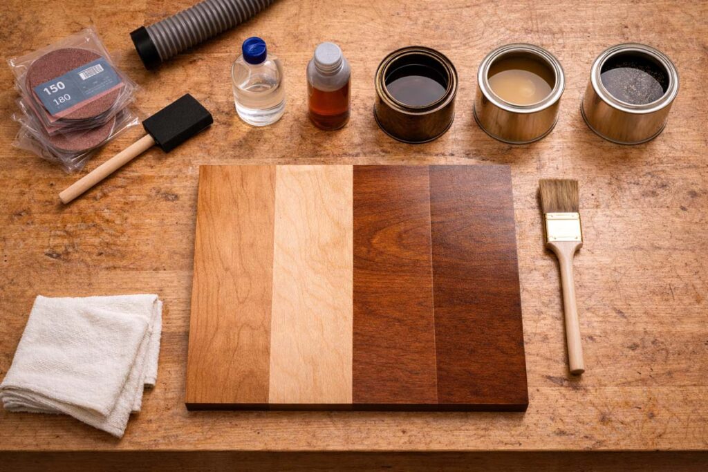 tools and finish steps laid out for staining birch plywood