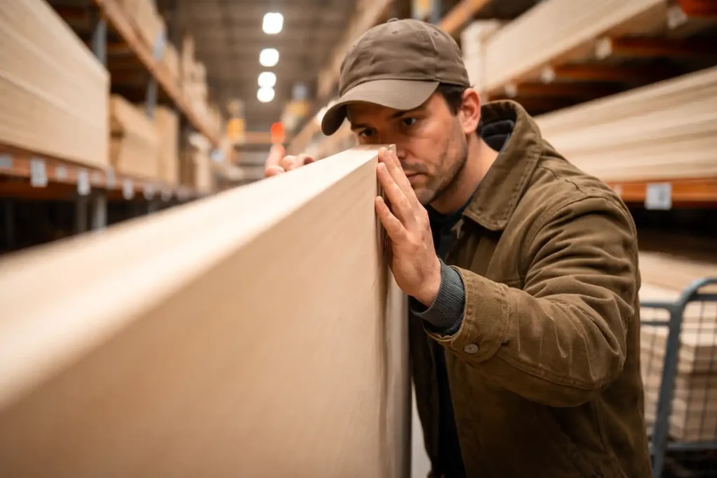 woodworker sighting down plywood sheet for flatness