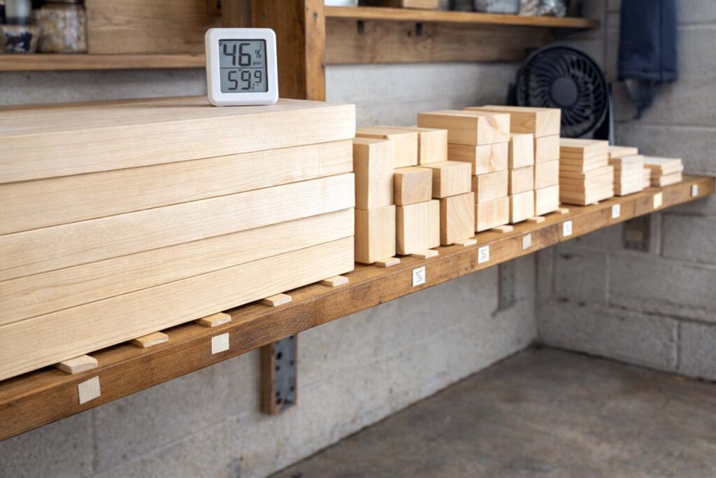 basswood stored flat on a rack with spacers