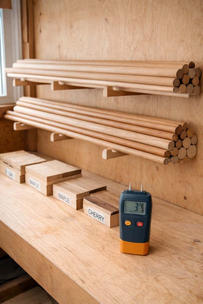 dowel rods stored on a wall rack with a moisture meter nearby