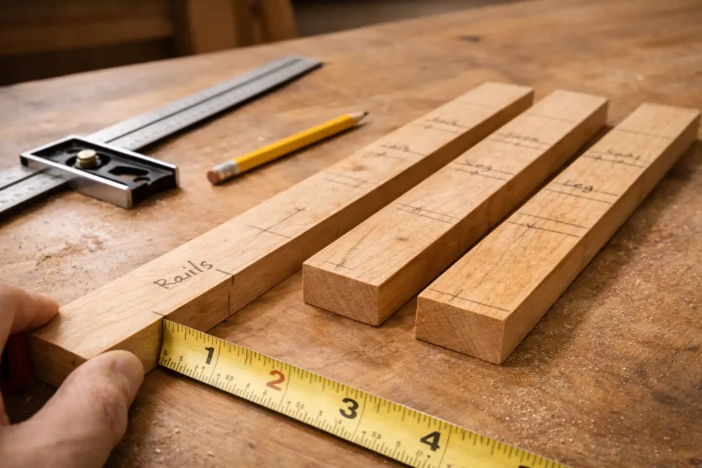 story stick with labeled marks beside matching wood parts