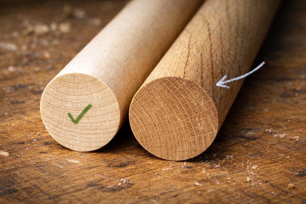 two dowels showing straight grain and grain runout lines