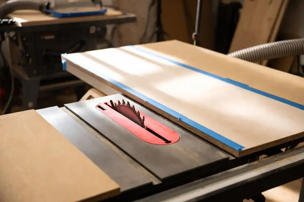 plywood cutting setup with tape line and zero clearance insert