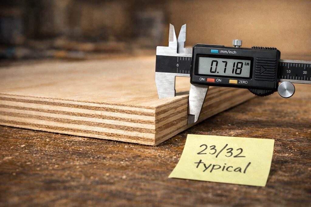 calipers reading plywood near 23 32 thickness