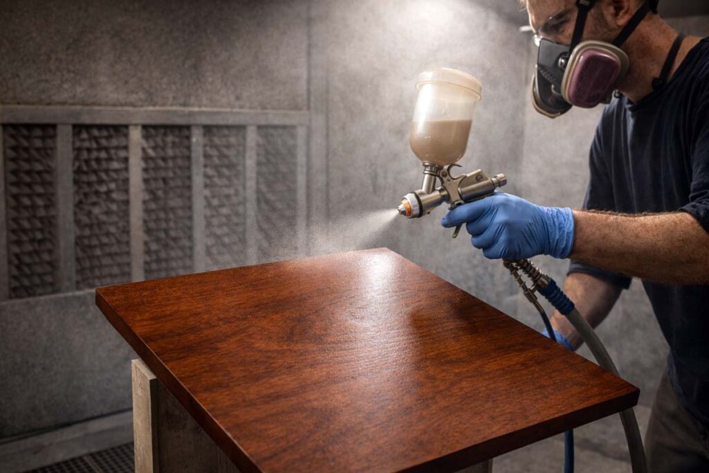 spraying tinted finish for consistent color on birch plywood