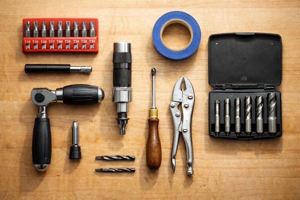 torx screw removal tools laid out on a workbench