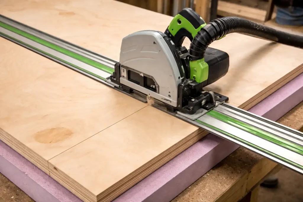 track saw cutting birch plywood on foam support