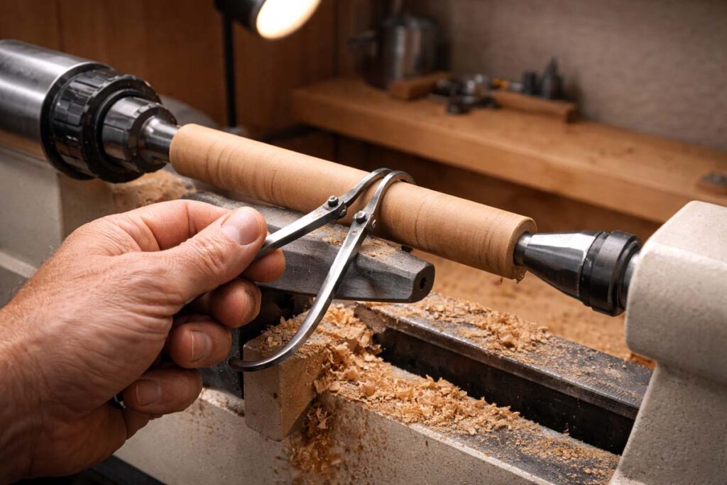 calipers checking dowel diameter while turning on a wood lathe