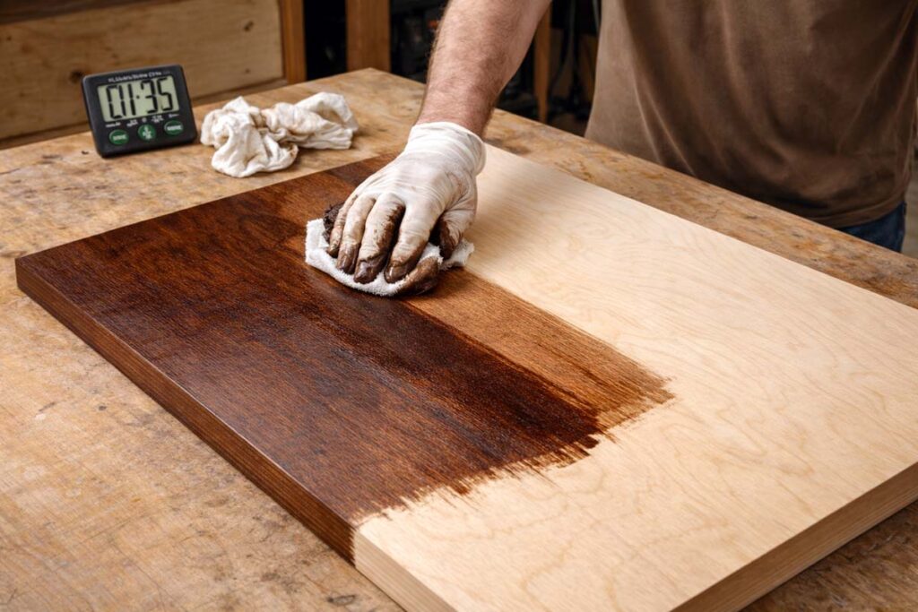 wiping stain along plywood grain to avoid lap marks